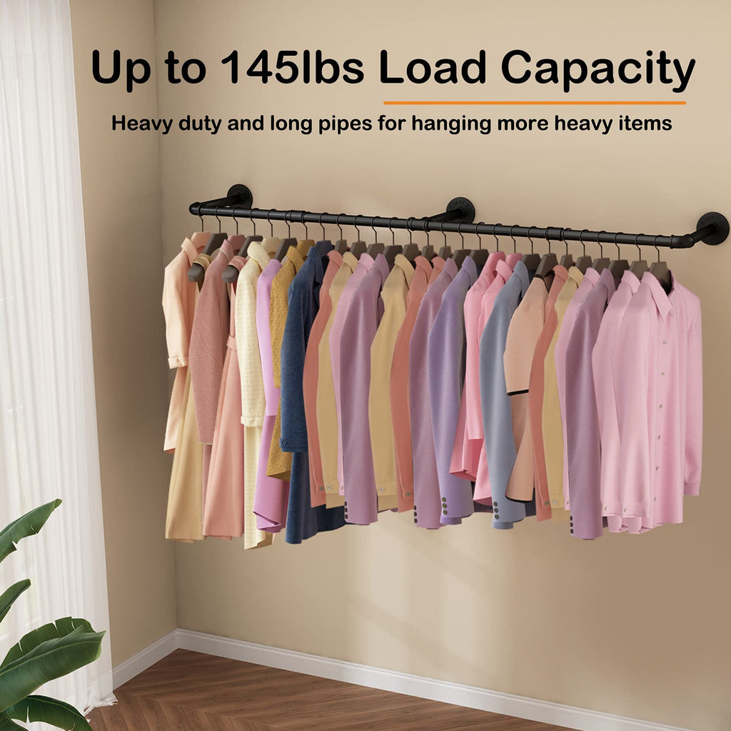 Wall Mounted Clothes Rack, 60in Industrial Pipe Clothing Rack for Hanging Clothes, Heavy Duty Garment Rack Wall