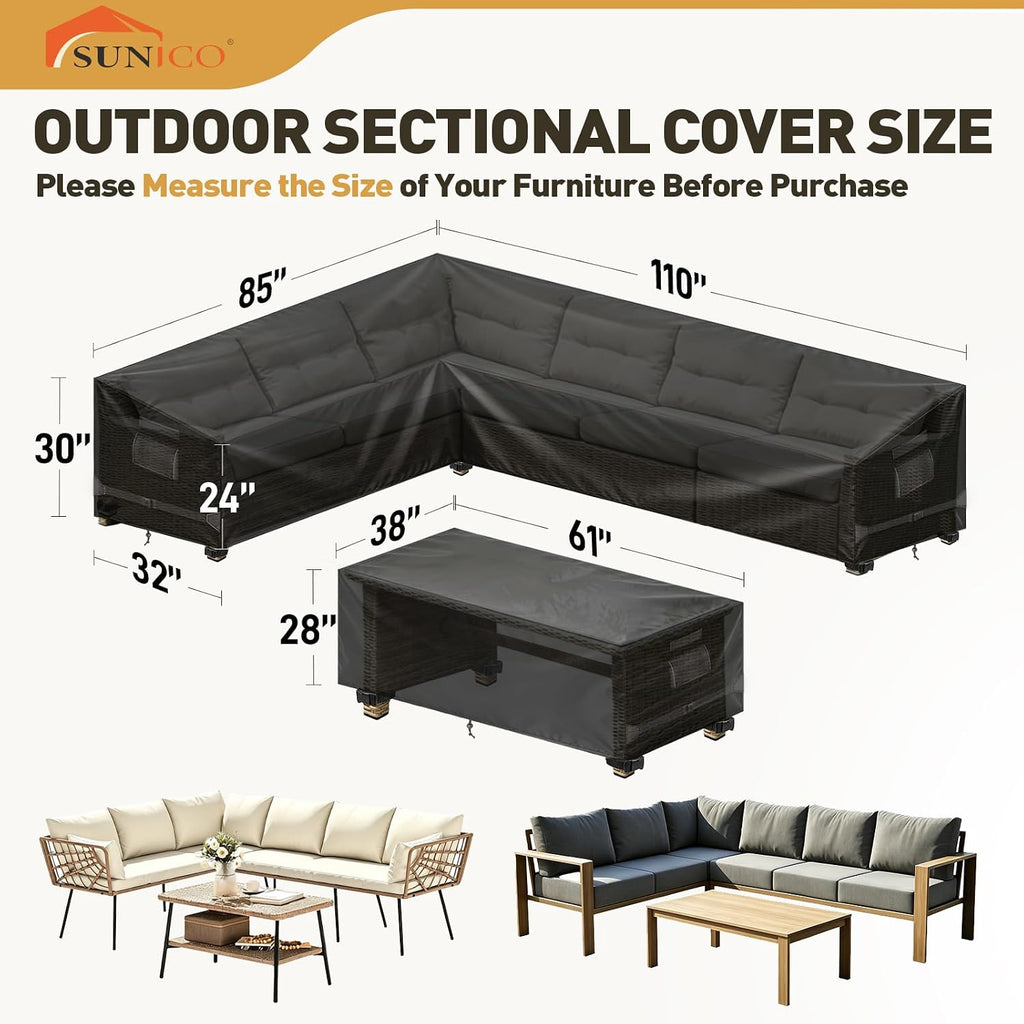 Outdoor Sectional Patio Furniture Covers, L-Shaped, 85x110in, Black | 2PCS waterproof cover for sofa and table, UV