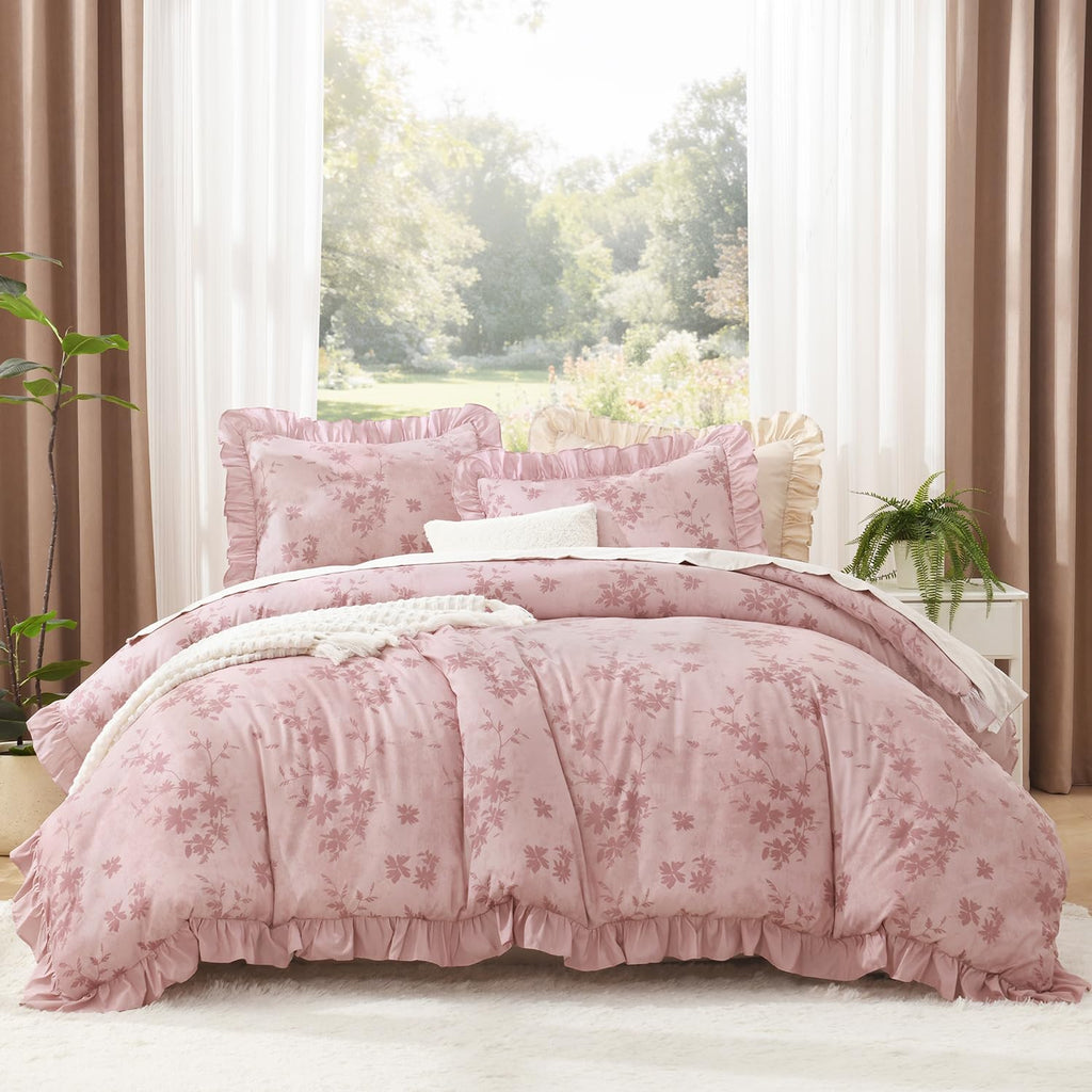 Comforter Set, 3 Pieces Grey Pink Floral Ruffle Bedding Set