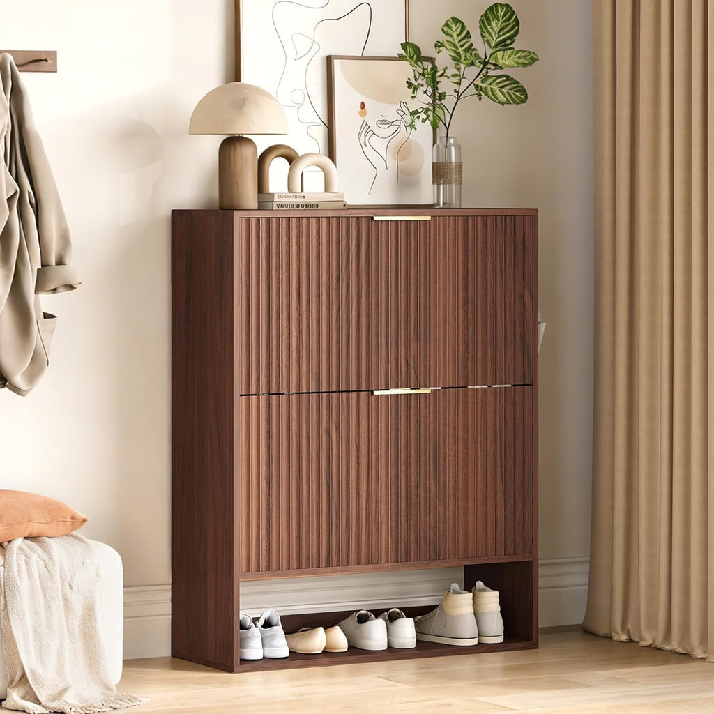 Shoe Cabinet , Narrow Freestanding Shoe Cabinet Storage with 2 Flip Drawers, Open Bottom Shelf & Side Hooks, Slim