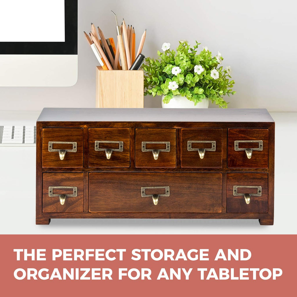Label Holder Organizer Traditional Medicine Cabinet - Desktop Wide & Small Cabinet w/ 8 Drawers - Tabletop Apothecary