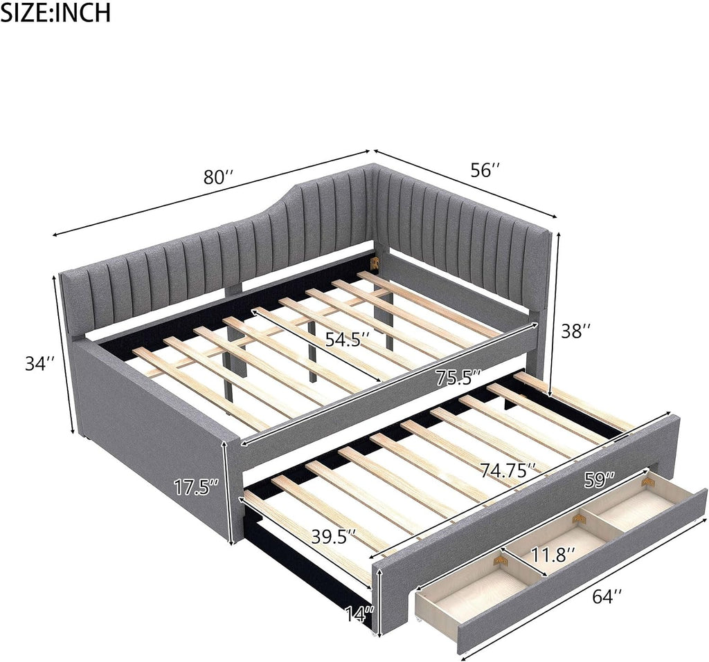 Full Size Daybed with Pull Out Trundle and Three Storage Drawers, Linen Upholstered Day Bed Frame with Wood Slats