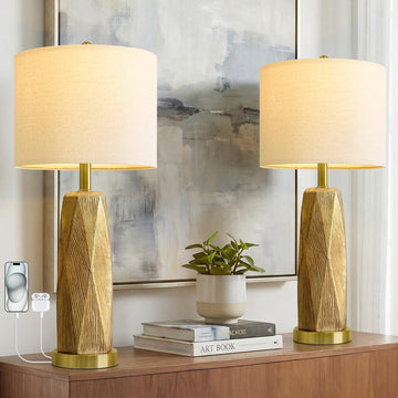 27.5" Gold Table Lamps Set of 2 with USB-A & USB-C Charging Ports, Textured Resin Bedside Lamps with Linen Shade &