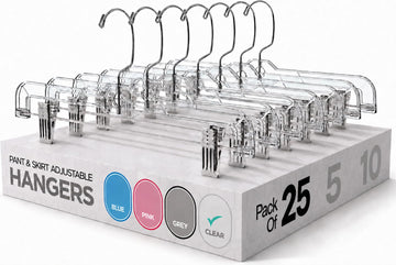 14 Inch Clear Pants Hangers with Clips, Skirt Hangers (25 Pack)
