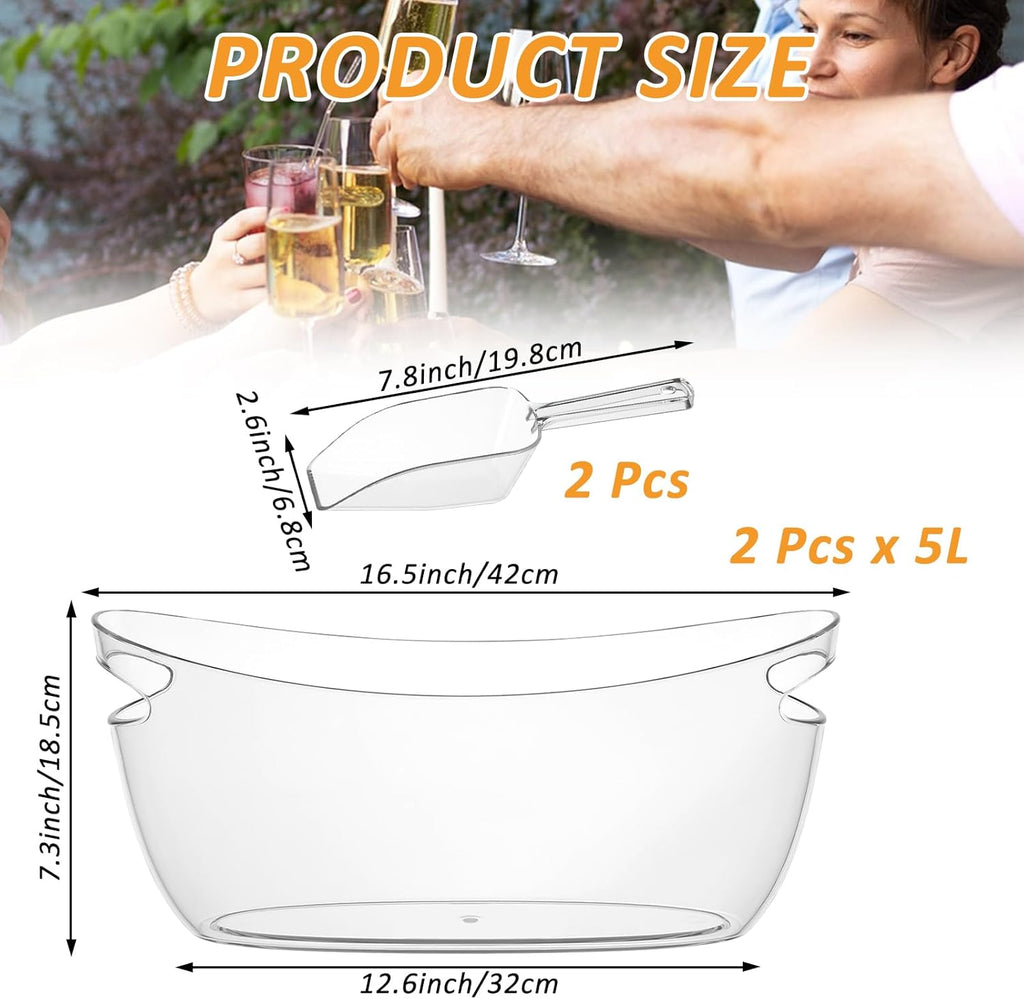 Clear Ice Bucket Set - 5L Ice Buckets for Parties with Ice Bucket Scoop, Champagne Beer Tub Wine Beverage - Set of 2