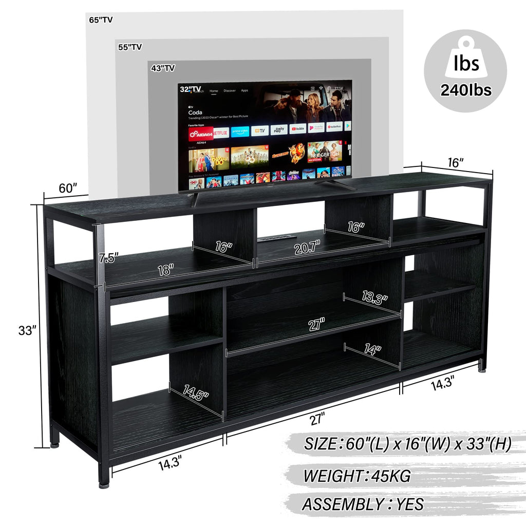Mid Century Modern Black TV Stand with Sliding Barn Doors, Charging Station, LED Lights, and Storage Shelves for up
