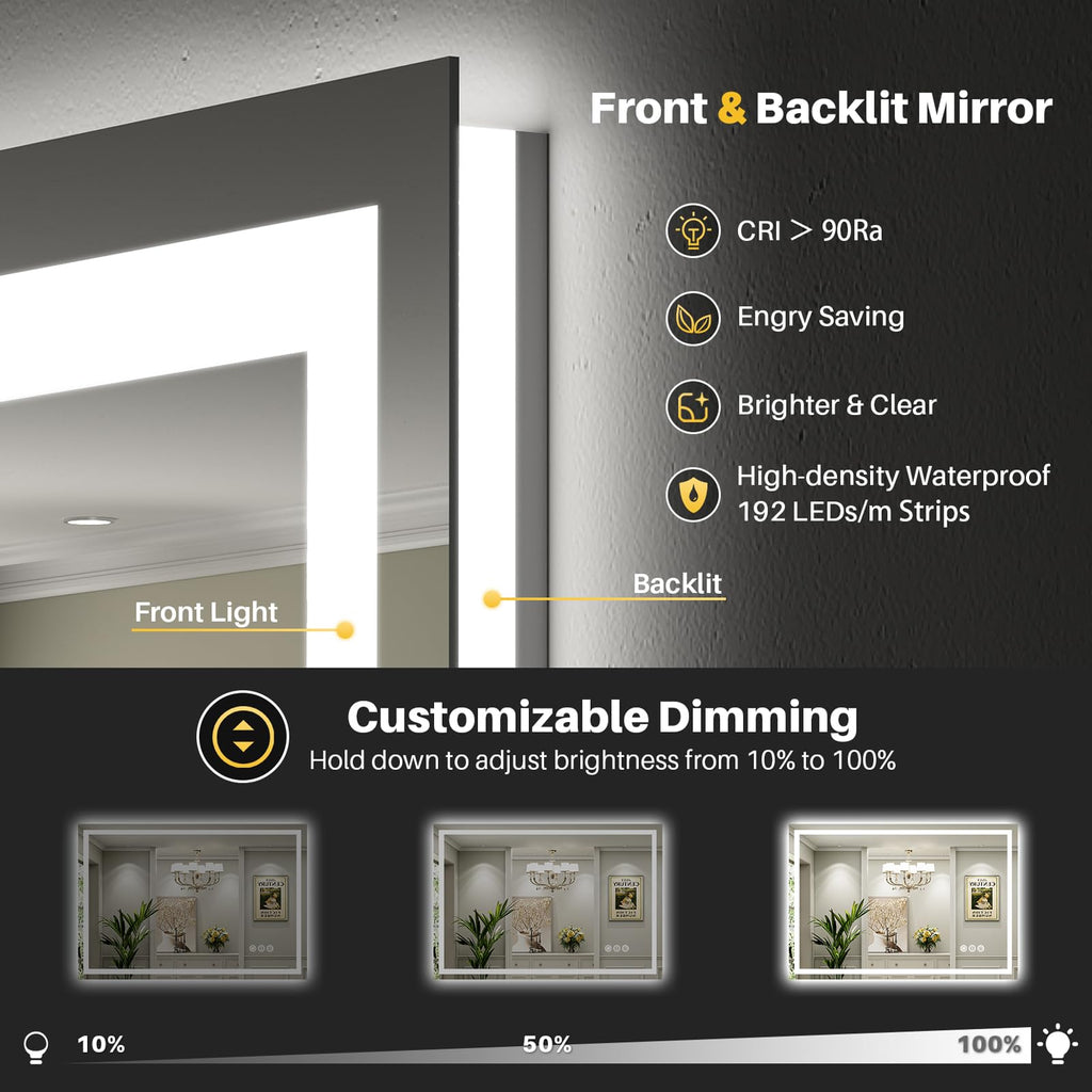 55x40 Inch LED Bathroom Mirror with Lights, Backlit & Front Lit