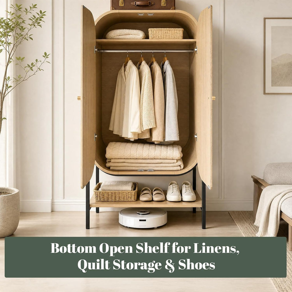Arched Armoire Wardrobe Closet, Modern Wood Bedroom Clothing Storage Cabinet with Fluted Doors, 66" Tall Standing