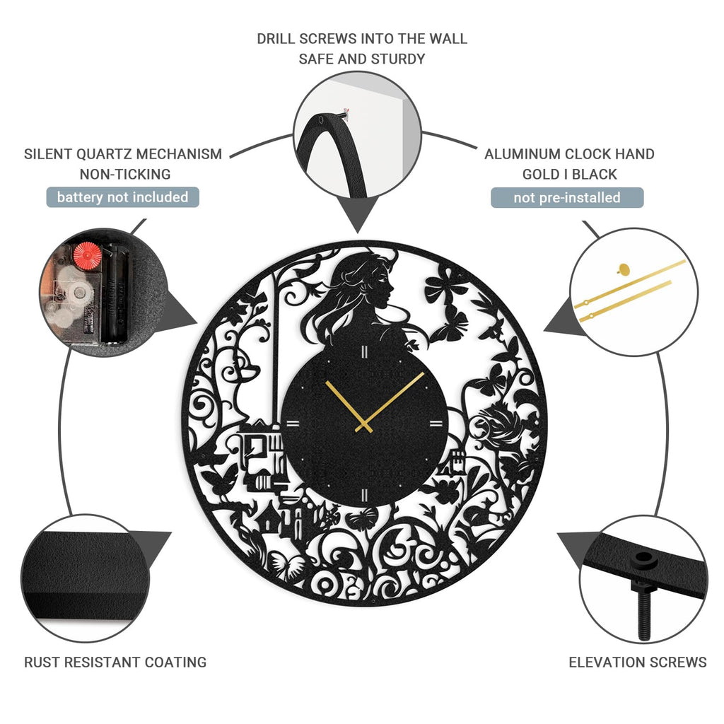 Metal Wall Clock Wall Art Decor, Victorian Silhouette Wall Sculpture Clock Silent Battery Operated Hangings Home