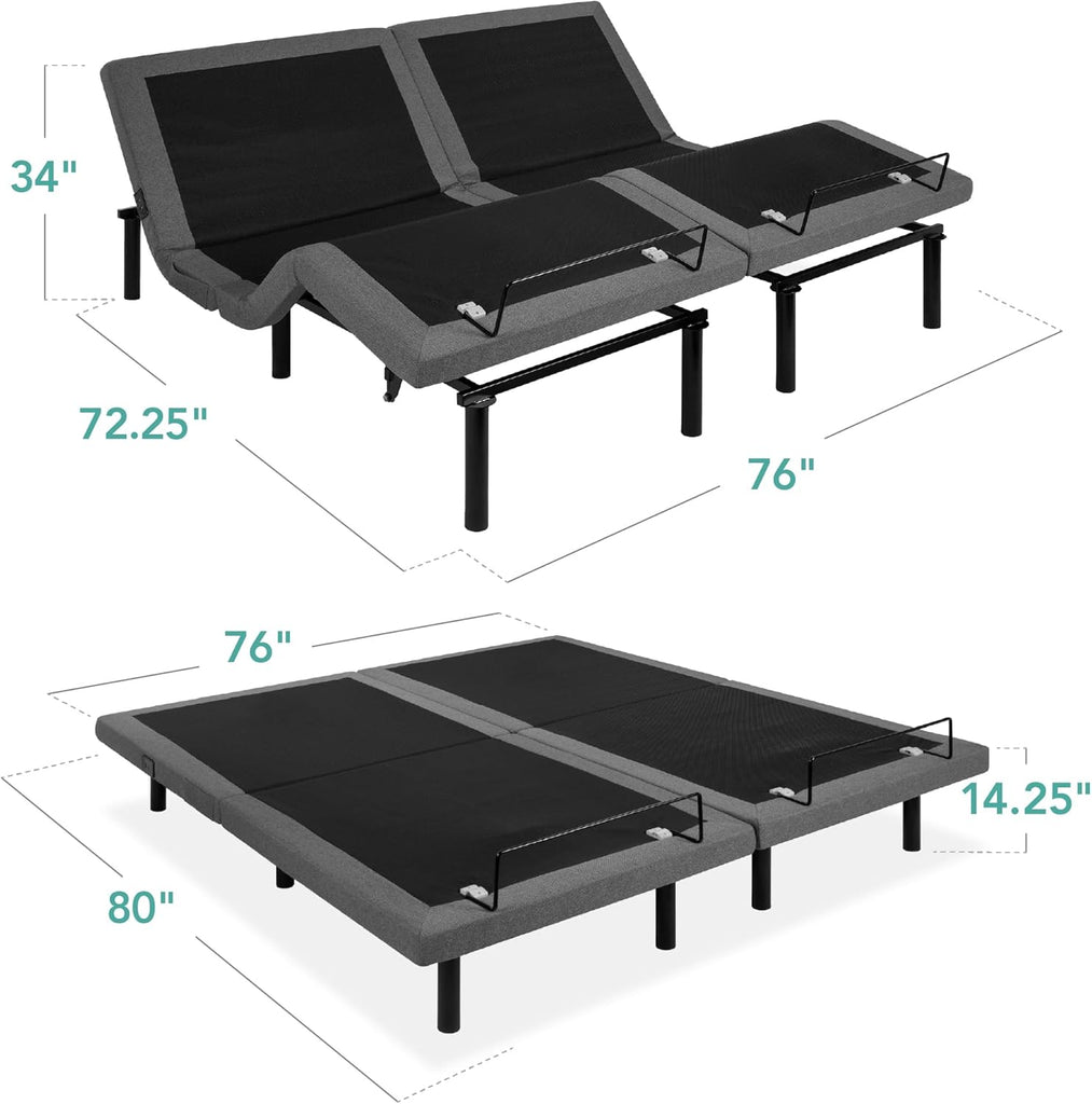 Ergonomic Split King Size Adjustable Bed Frame, Electric Base w/Wireless Remote Control, Nightlight, Massager, 2 USB