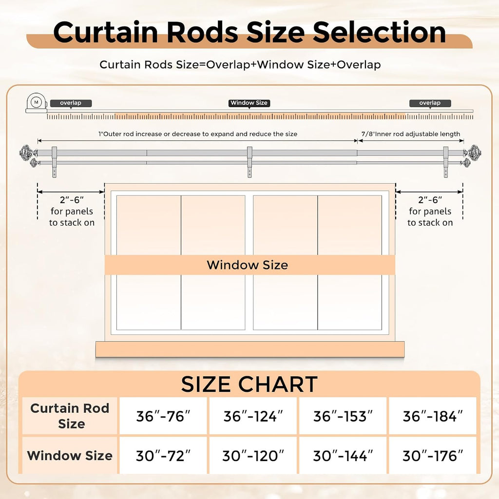 Gold Double Curtain Rod 36 to 76 Inch, 1 Inch Adjustable Decorative Crystal Dual Curtain Rod, Heavy Duty Vintage