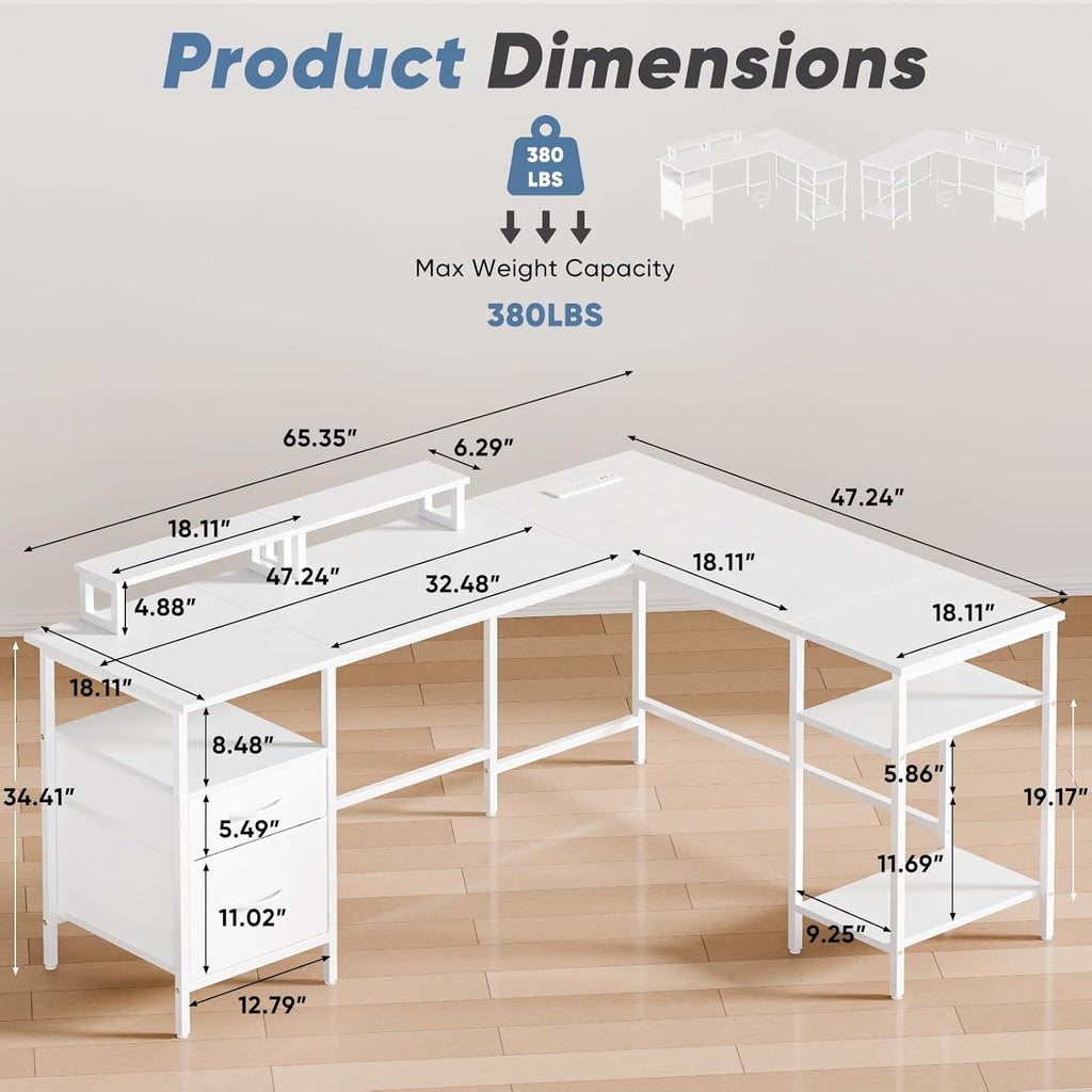 62" L Shaped Desk with Drawers and Power Outlet, White | Reversible Computer Desk with 2 Monitor Stands and Storage