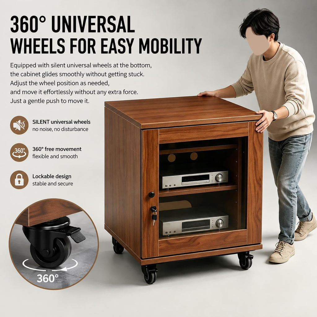 Audio Equipment Rack Cabinet, Wood AV Rack with Glass Door & Wheels