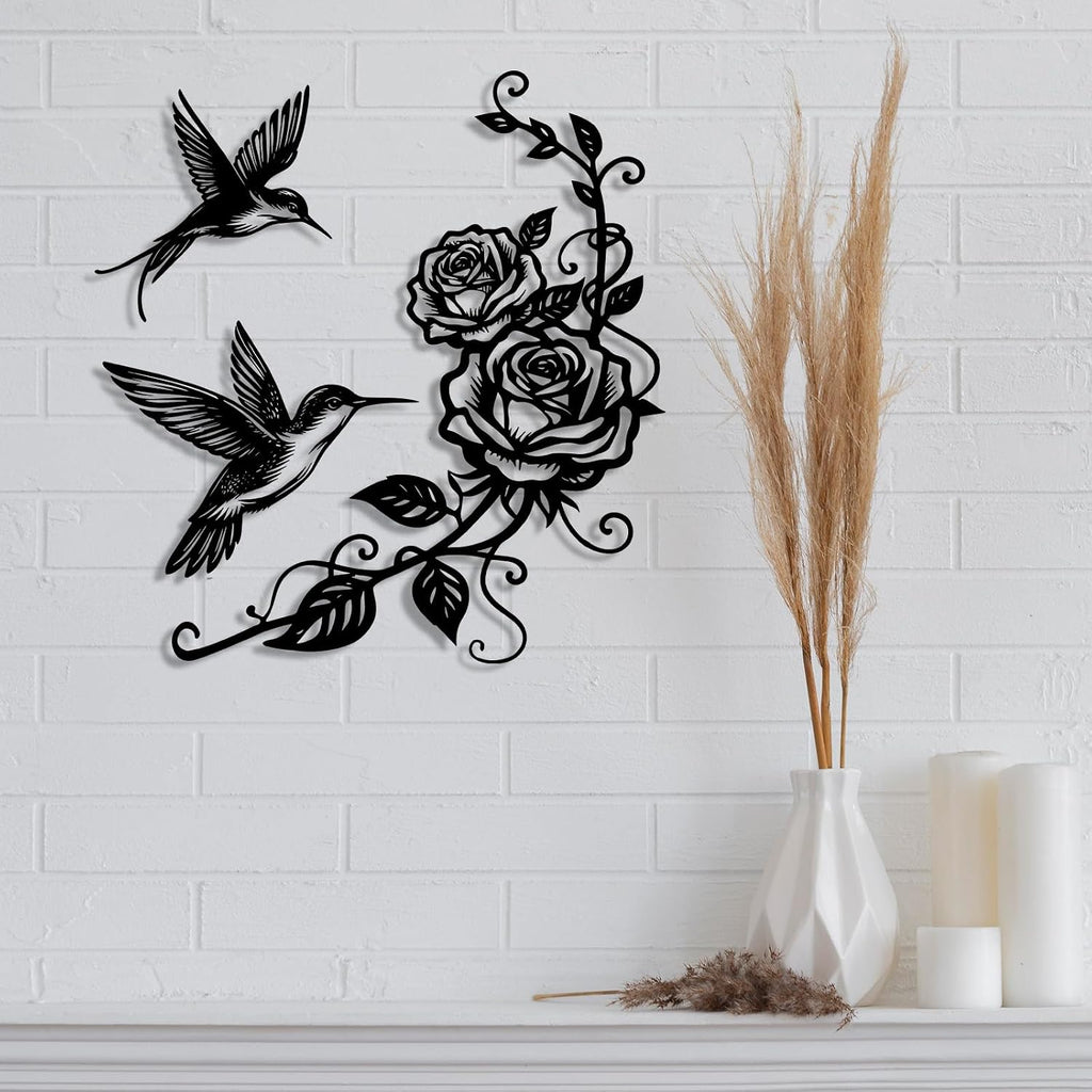 Flowers and Birds Metal Wall Art Black Hummingbird Rose for Modern Farmhouse Living Room Bedroom Bathroom - Set of 3