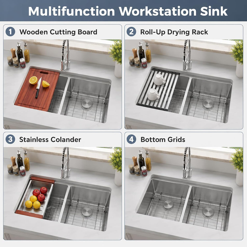 Double Undermount Kitchen Sinks 32 Inch, 16 Guage T304 Stainless Steel Sink | 32" x 18" x 10" Deep Large Workstation