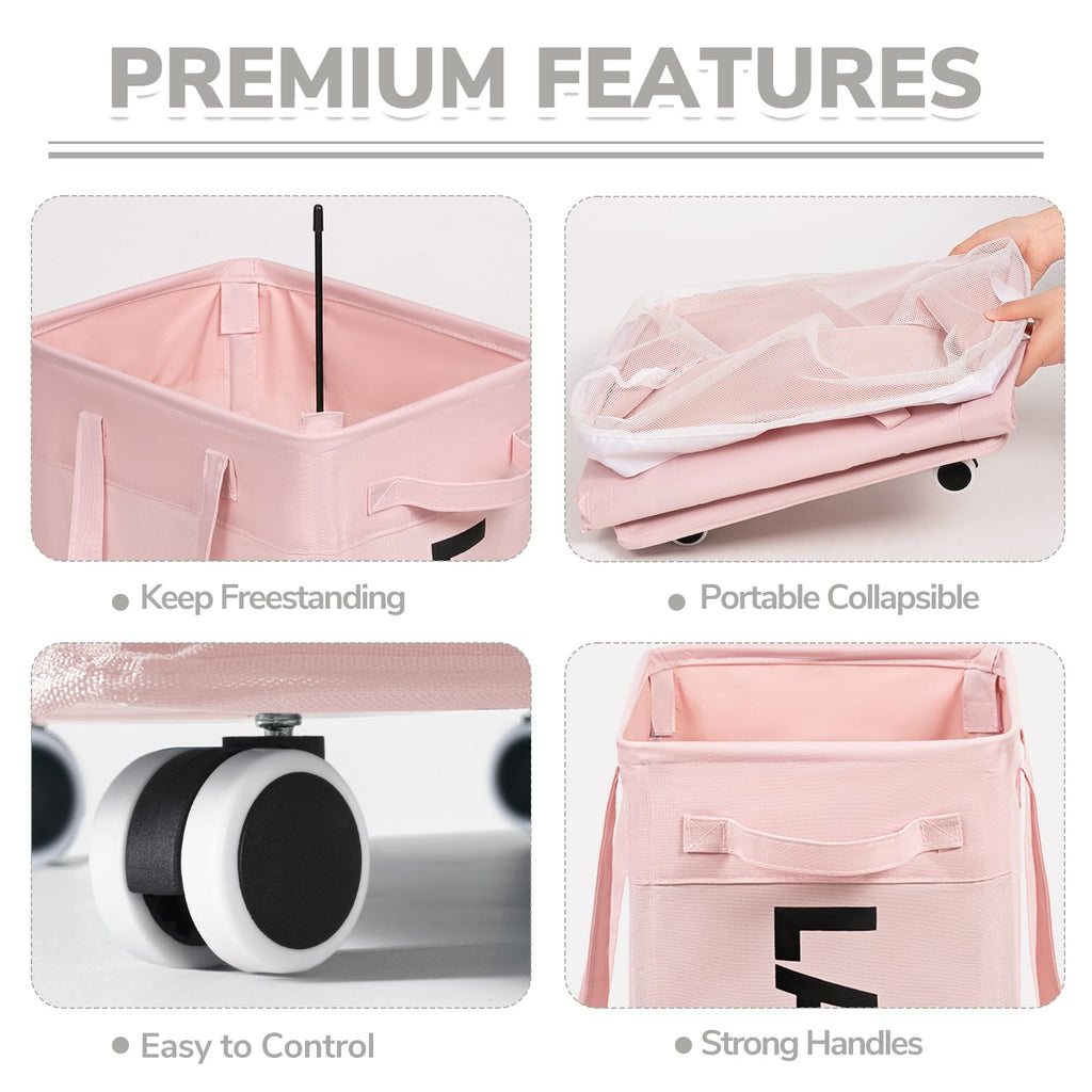 75L Rolling Laundry Basket with Wheels Removable Wash Bag, Pink