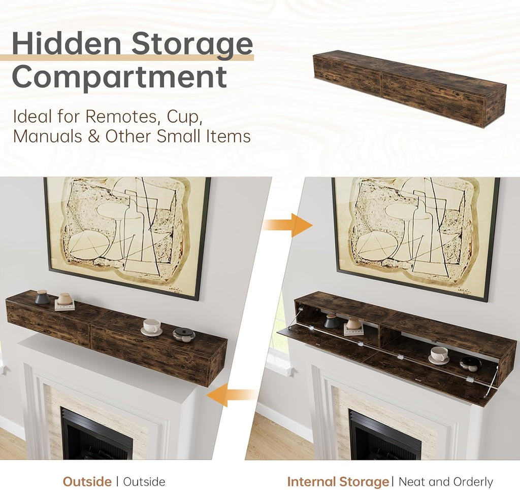 72inch Shelf with Hidden Storage - MDF Wood Wall-Mounted Shelf, Farmhouse Floating Mantel for Fireplace or Living