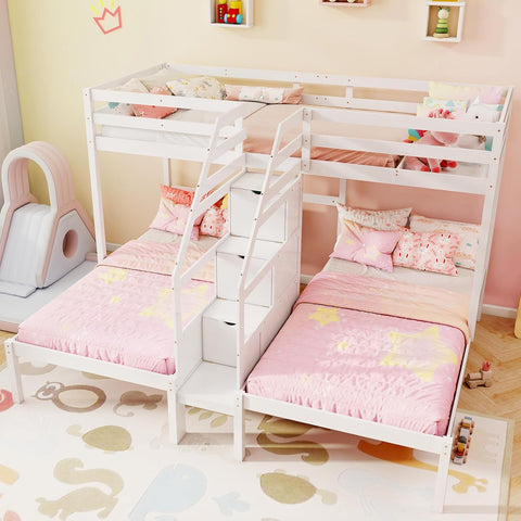 Triple Bunk Bed with Stairs, Twin Over Twin & Twin Bunk Bed Frame with Guardrail & Storage