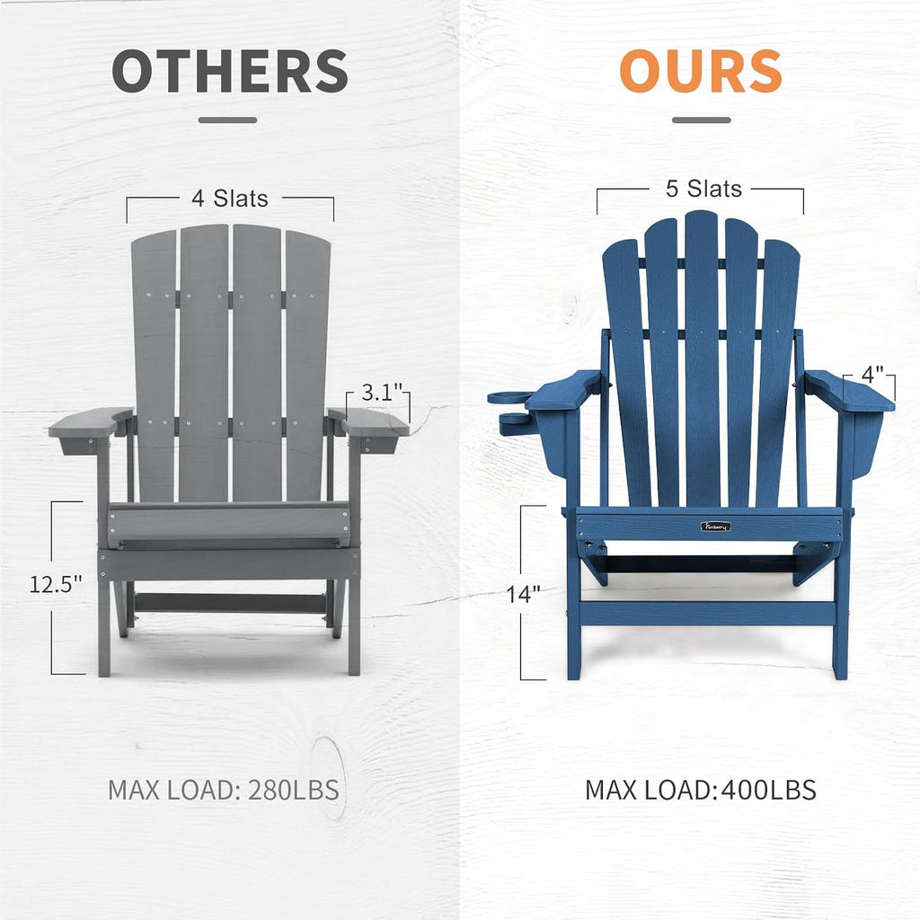 Folding Adirondack Chair Set of 4, Fire Pit Chairs with Cup Holder | Wood-Grain, HDPE All Weather, Quick-Folding, No
