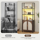 Rattan Bookshelf with Storage, Boho Bookcase with Wicker Doors, 71" Tall Book Shelf with LED Lights, Brown