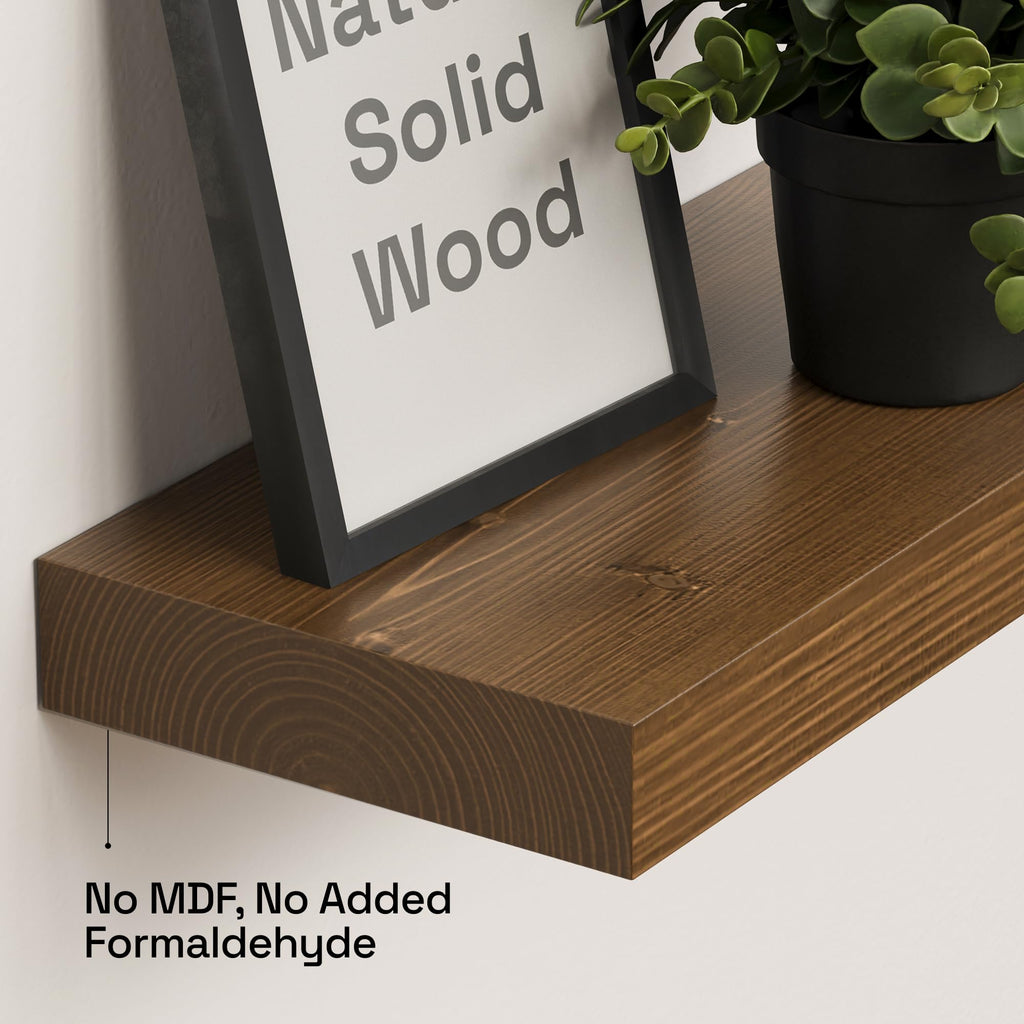 Solid Wood Floating Shelves for Wall 24 Inch Walnut, Wooden Bathroom Shelf