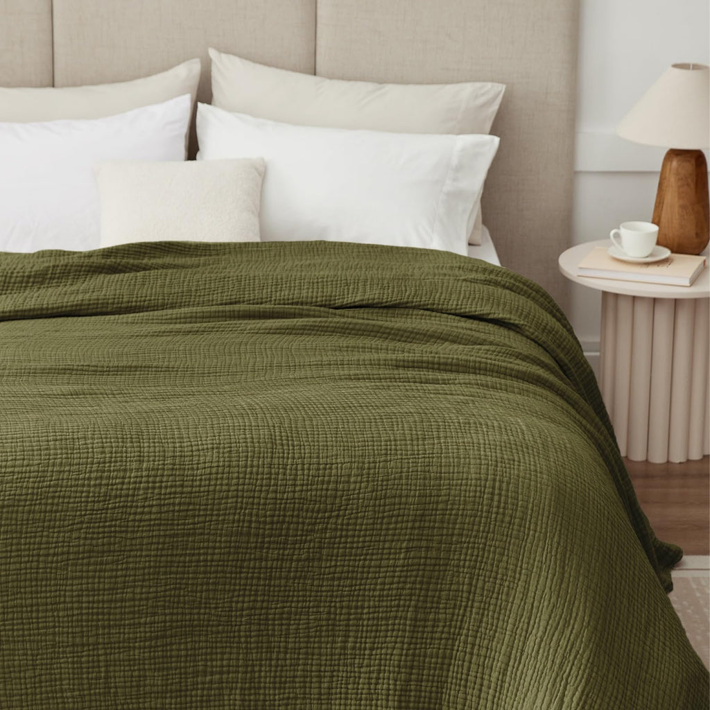 100% Cotton Muslin Blanket for Adults, 6-Layer Large Throw, 50x70, Olive