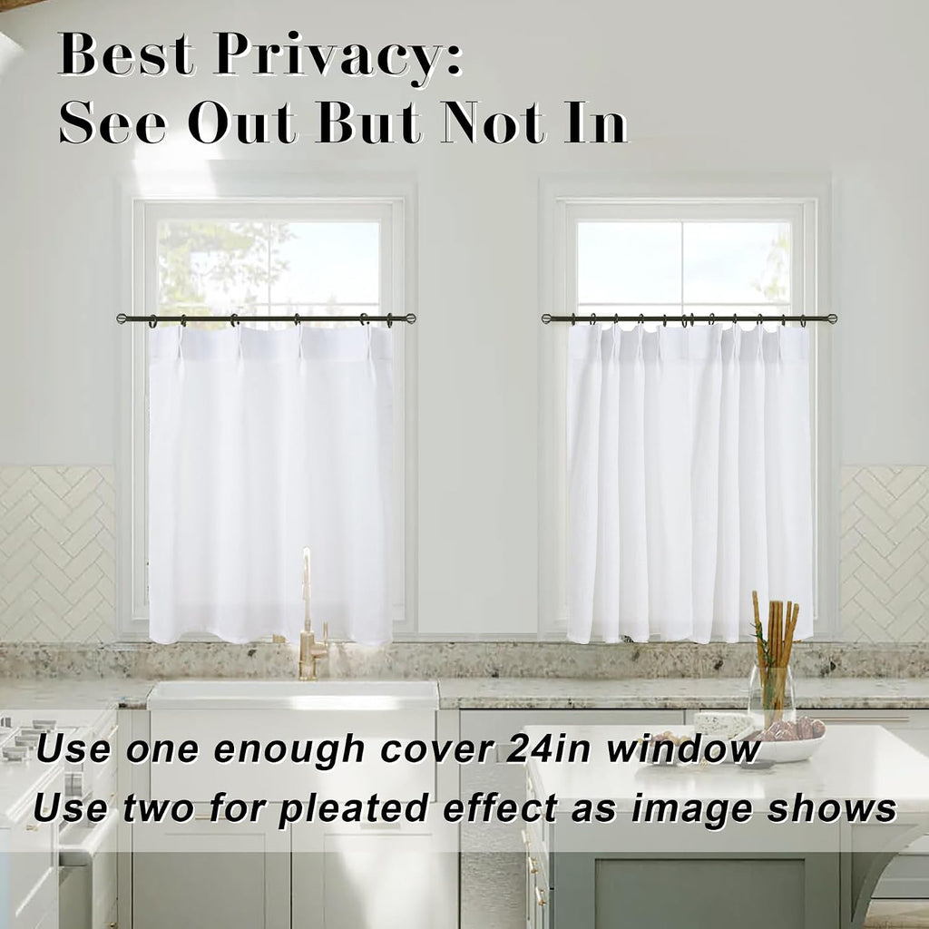 Cafe Curtains, Pinch Pleat Linen Sheer Small Half Curtains for Windows - Set of 2