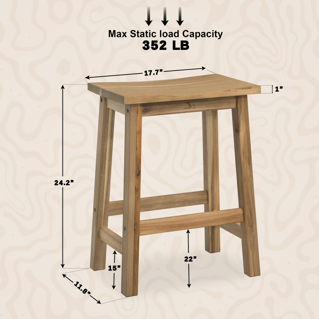 Set 2 Solid Wood Bar Stools, Saddle-Seat Counter Height Stool, White Oak