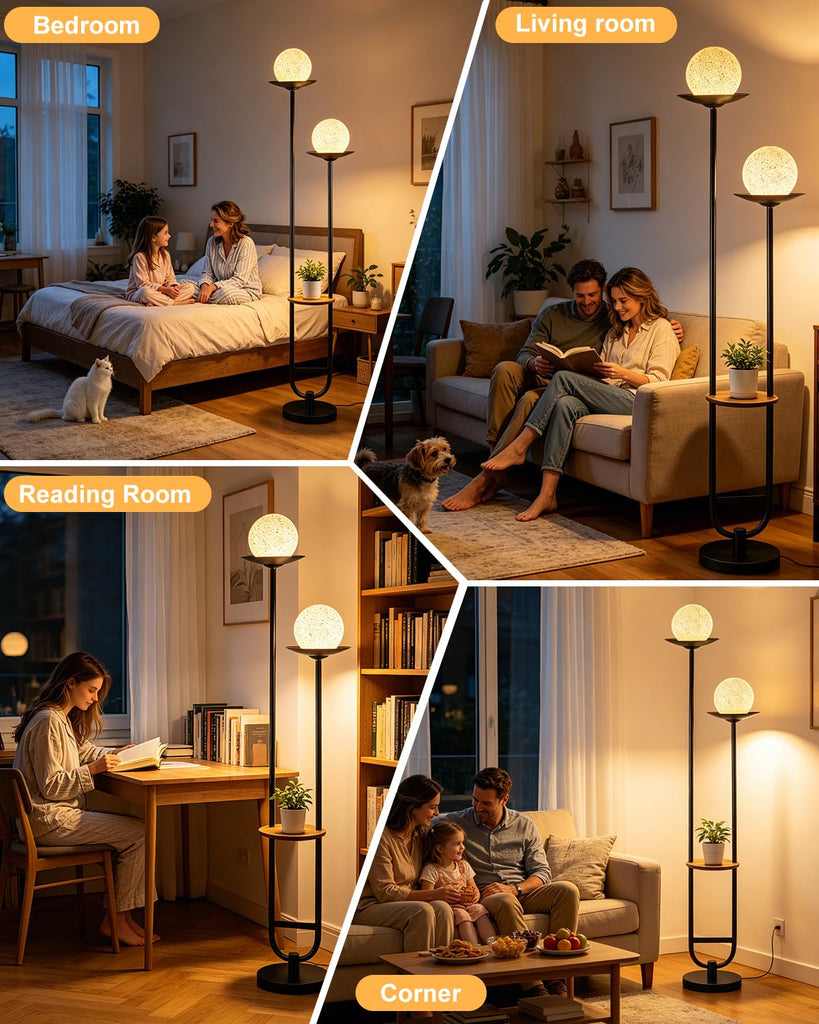 2-Globe Floor Lamp with Tray Dimmable Black Tall Lamps with Shelf