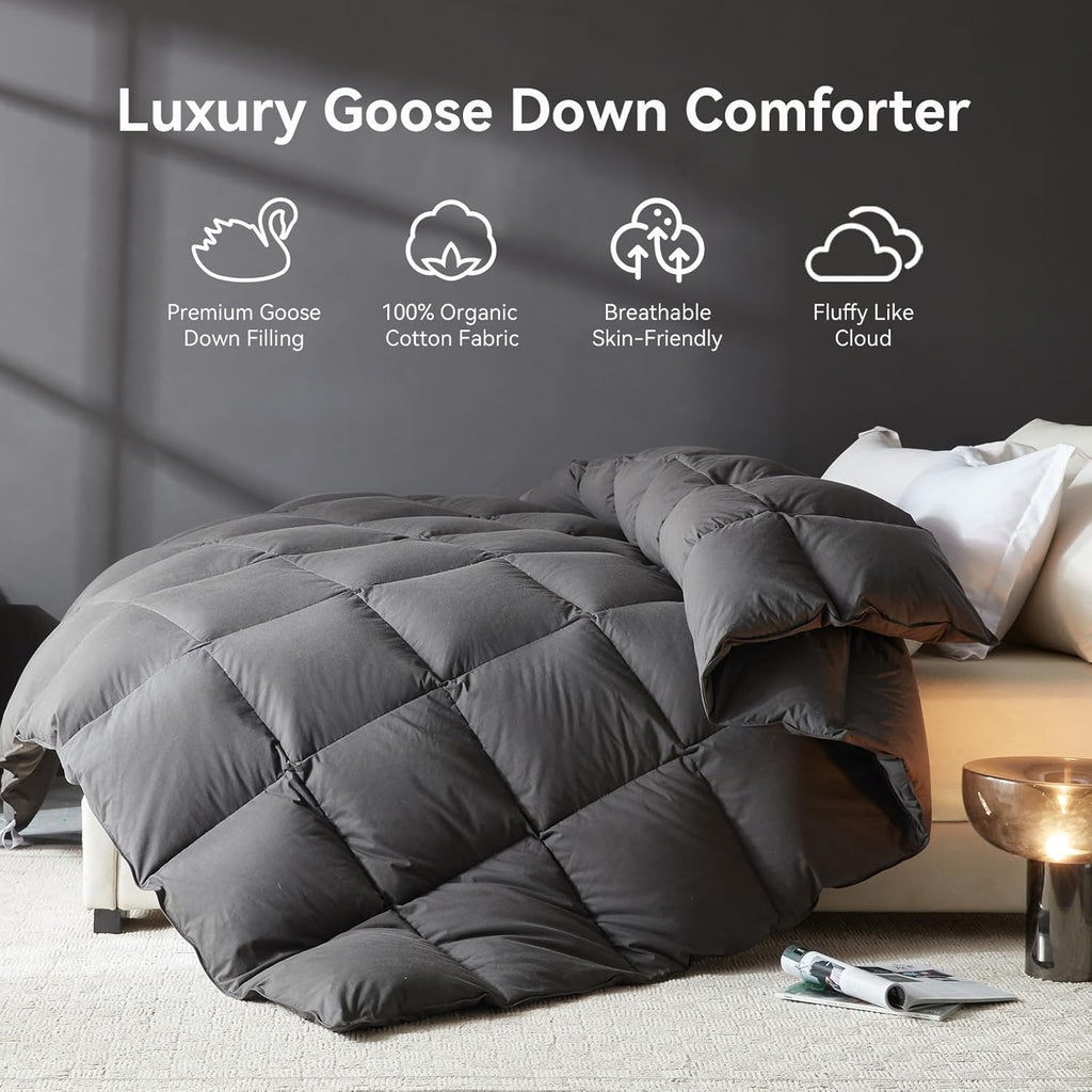 Goose Feather Down Fiber Comforter Queen, 100% Organic Cotton Fabric Duvet Insert,1200TC,750+Fill Po