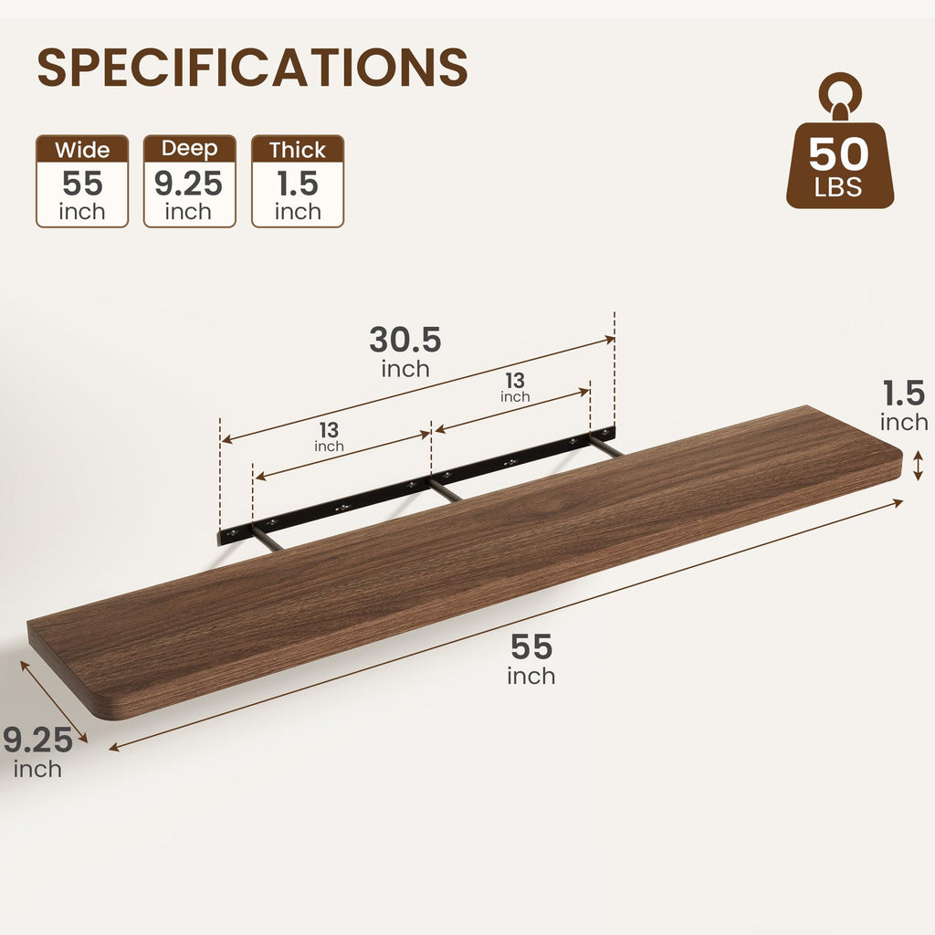 55 Inch Floating Shelves, 9.3" Deep Rounded Corners Wall Shelf