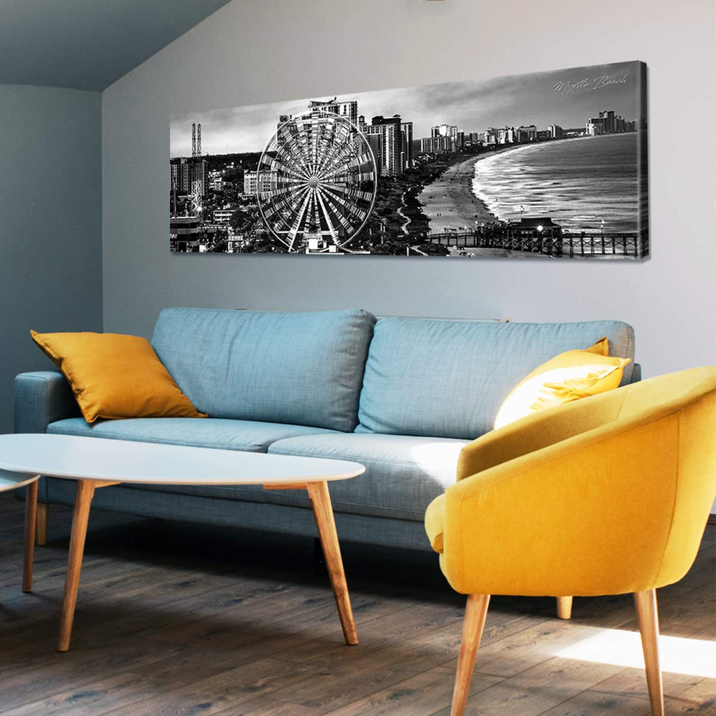 Myrtle Beach Wall Art Ferris Wheel Skyline Wall Decor Black and White Cityscape Panoramic Canvas Paintings USA South