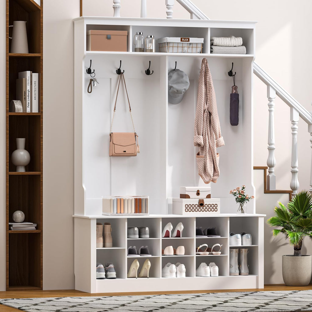 Hall Tree with Bench and Shoe Storage, 53" Farmhouse 4-in-1 Mudroom Storage Organizer with Coat Rack, 6 Hooks, 12
