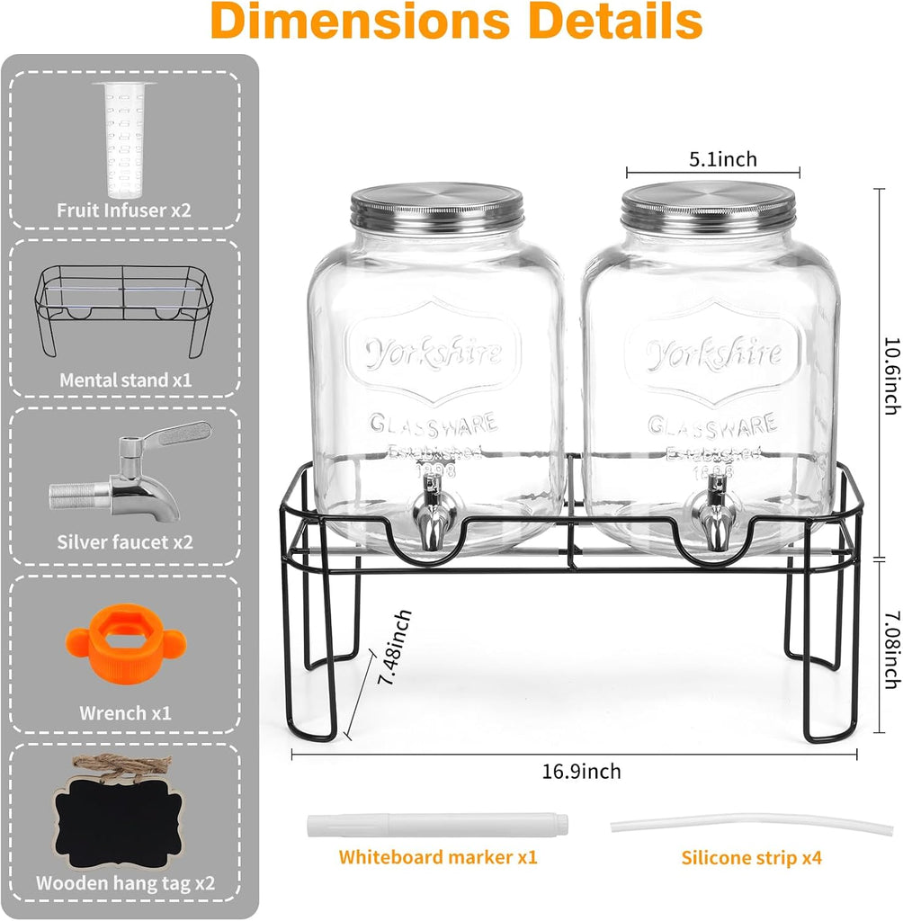 1.6 Gallon Glass Drink dispenser, Beverage Dispenser With Stand, Lemonade Dispenser with Stainless Steel - Set of 2