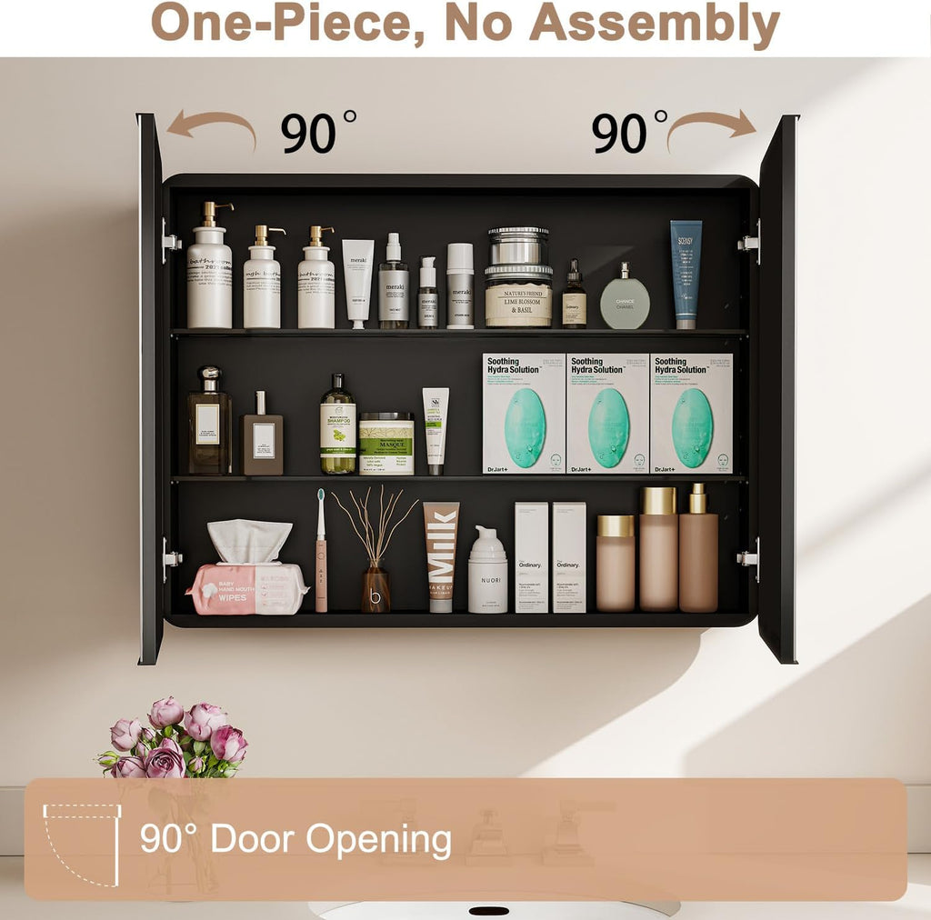 32x24 in Double Door Medicine Cabinet with Mirror, Matte Black | Fully Assembled; Recessed or Surface Wall Mount;