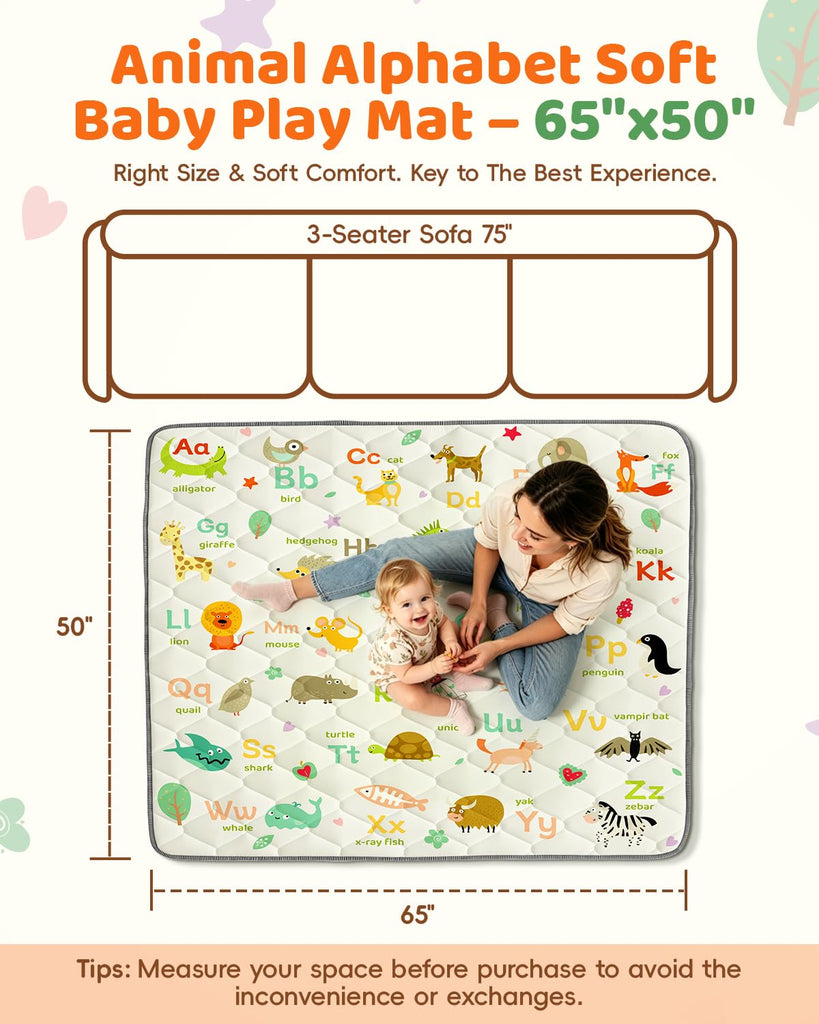 Play Mat for Floor 65"x50", Foldable Playpen Mat for Tummy Time, Thick Non‐Slip Crawling Mat with Carrying Handle