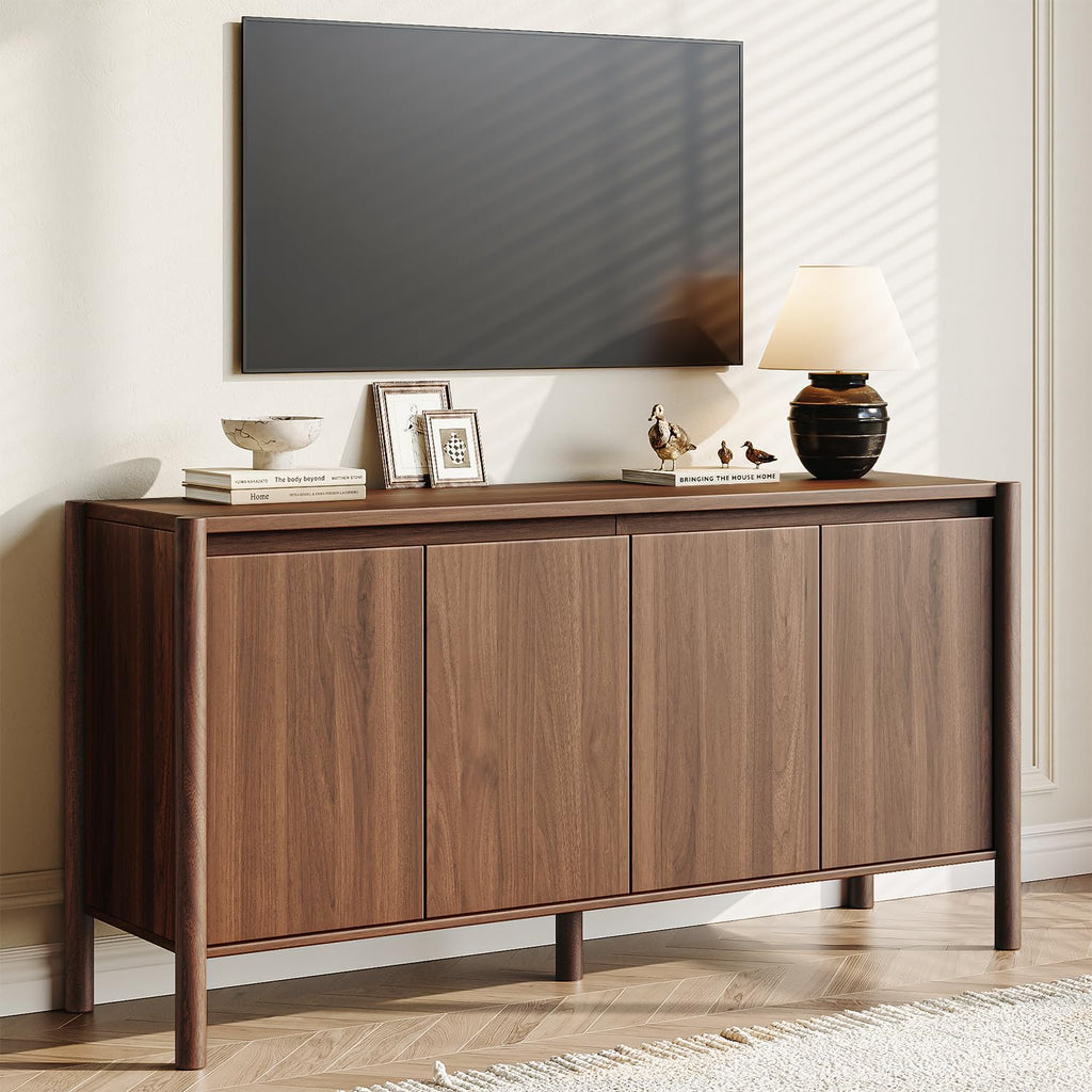 59" Walnut Sideboard Buffet Cabinet with Solid Wood Legs