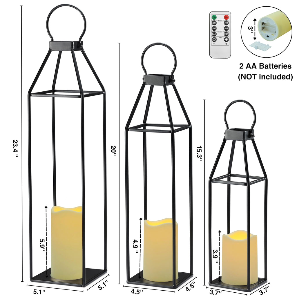 Set of 3 Black Metal Lanterns w/ Waterproof Flickering Flameless Candle & Remote Timer, Modern Farmhouse Lanterns