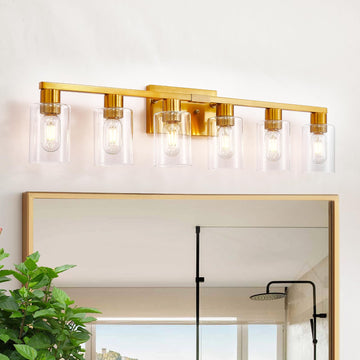 6 Light Bathroom Light Fixtures, Large Gold Bathroom Vanity Light with Clear Glass Shade, Brushed Brass Gold Bathroom