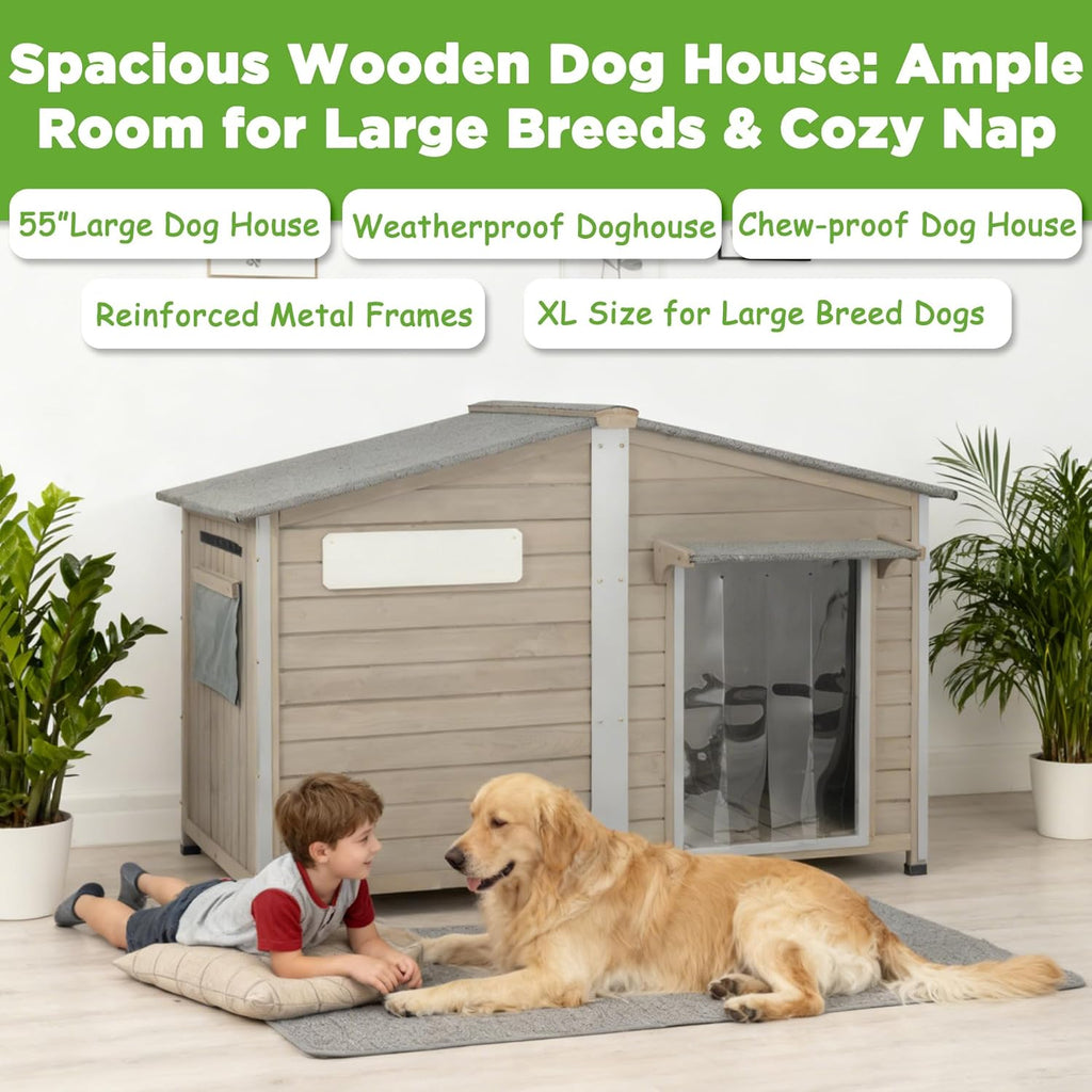 Large Dog House Outdoor Indoor -55" Weatherproof Extra XL Dog Kennel for Small to Large Sized Dogs Wooden Doghouse