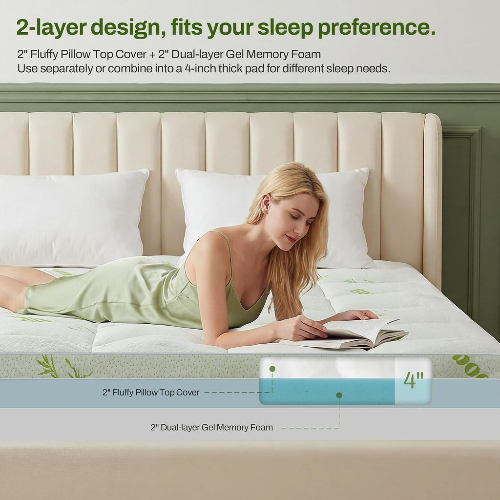 Full Memory Foam Mattress Topper, 4 Inch Dual Layer Gel Foam Mattress Pad with Soft Pillow Top Cover, Viscose Made