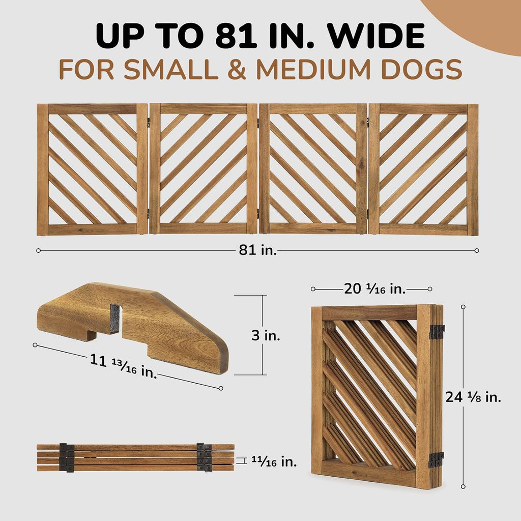 Solid Acacia Wood Dog Gate, Expanded Wide 81 Inches, Freestanding Dog Gate Indoor, Foldable 4 Panels with 2 Support