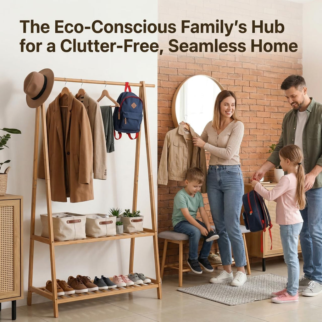 Bamboo Clothes Rack Portable Extra Large Garment Rack 2-Tire Storage Box Shelves and Bed Room Patented Design