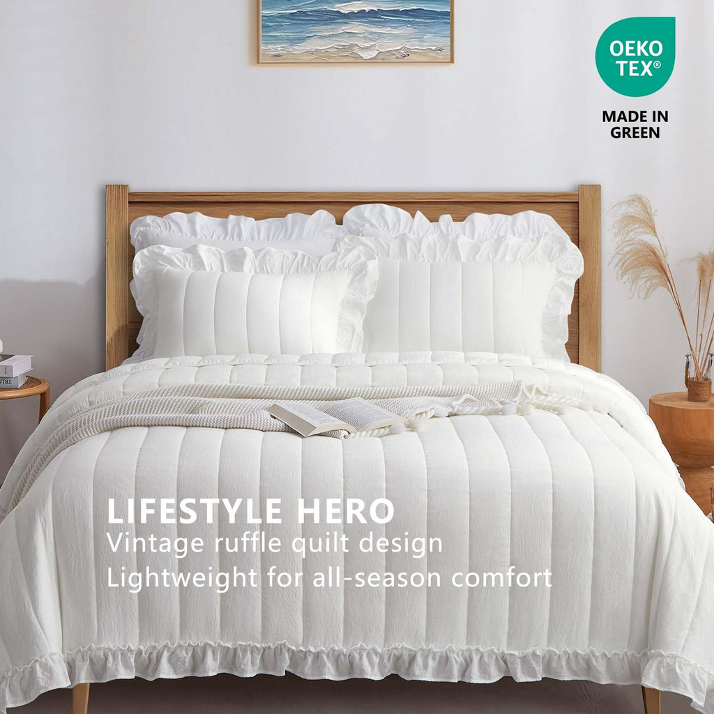 White Ruffle Quilt 2 Piece Soft Lightweight Bedspread