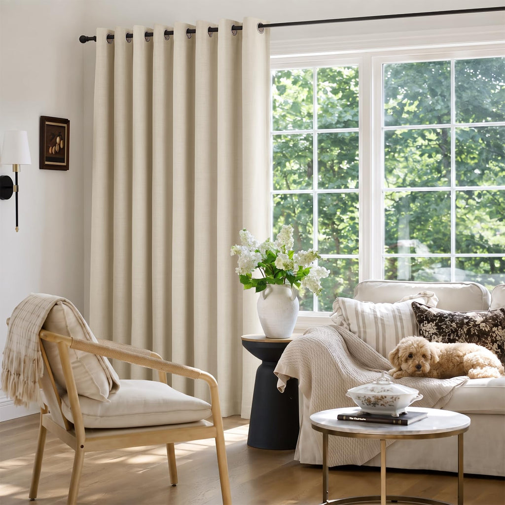 Extra Wide 100% Blackout Linen Curtains for Sliding Door 90 Inch Long