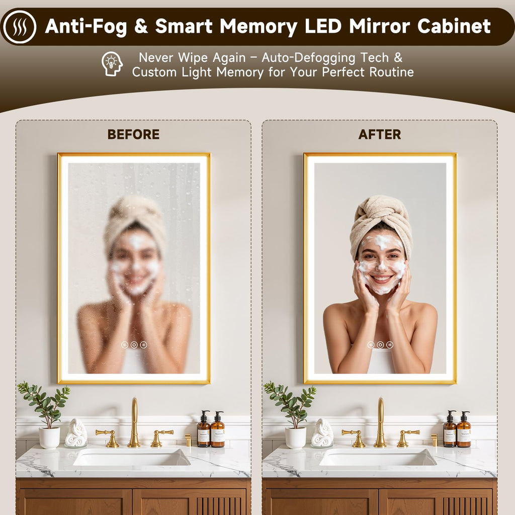 24x30 Inch Lighted Medicine Cabinet Aluminum Frame 3-Color Dimmable LED Anti-Fog Mirror Surface & Recessed Mount