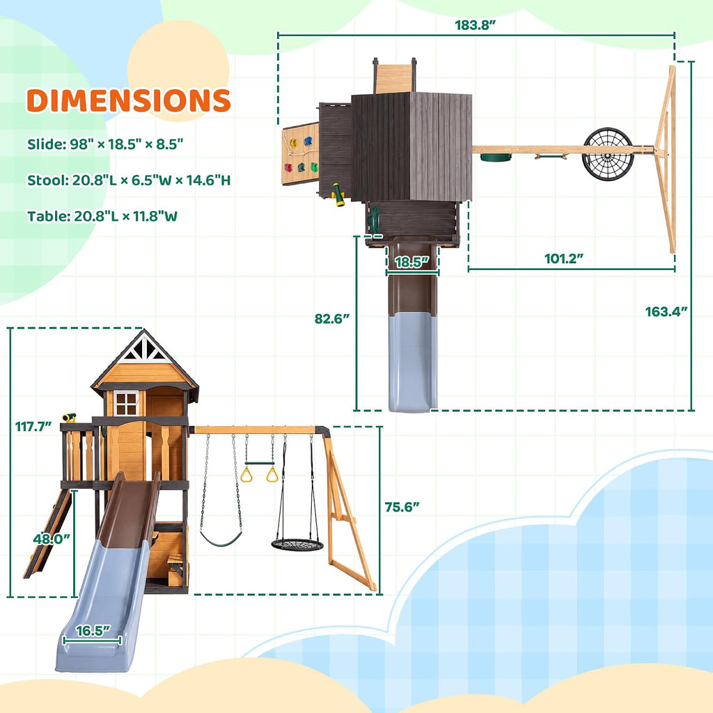 Wooden Swing Sets Playground with Slide Outdoor Playset All-in-One, Natural | Premium Solid Pine Wood, Lets 10