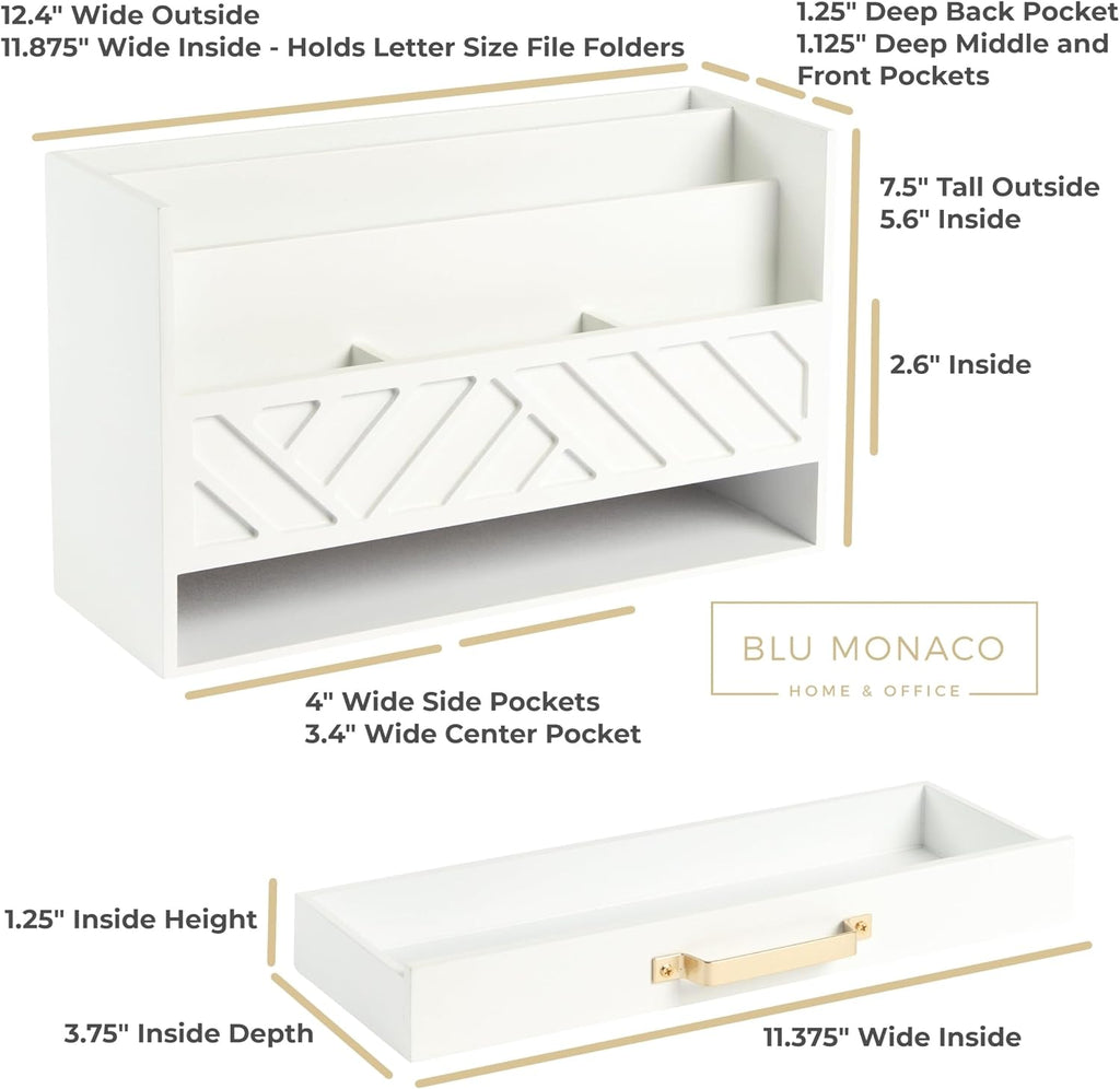 White Wooden Desk Organizer & Mail Organizer with Drawer & Gold Handle | Mail Sorter Countertop | 6 Compartments |