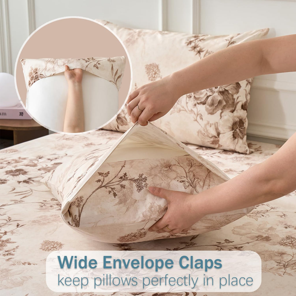 Brown Sheet Set 100% Cotton Flannel-Like Warm Luxury Peony Toile Floral Bed Sheets 4Pc Deep Pocket 17.5"