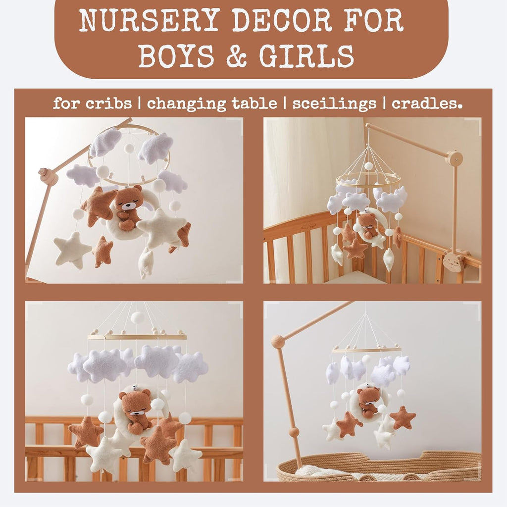 Baby Mobile for Crib - Neutral Boho Nursery Decor with Felt Moon, Stars, Clouds & Bear - Silent Soothing Bed Bell
